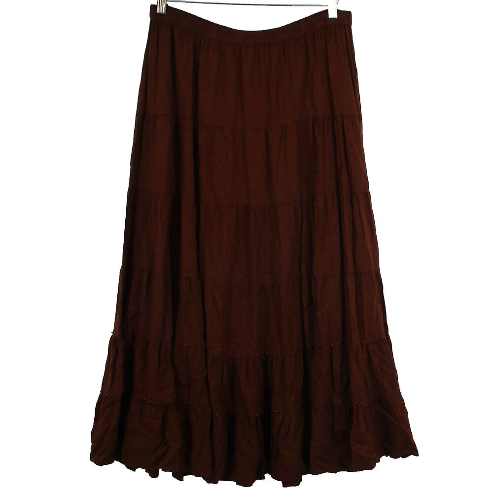 Vintage Womens 16 White Stag Tiered Skirt Brown Western Hippie Boho India Rayon